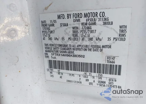 2006 Ford F-150 Stx/Xl/Xlt из США, поврежденный, VIN 1FTRX14W96KB83502